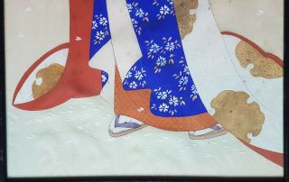 Large framed Japanese Silk Print of a Geisha Girl,  signed 4
