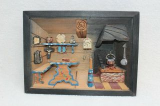 Vintage 3D Folk Art Wooden Diorama Picture Kitchen Scene hand curved 2