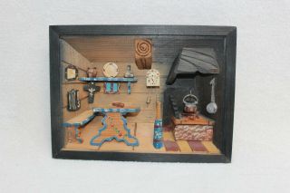 Vintage 3D Folk Art Wooden Diorama Picture Kitchen Scene hand curved 5