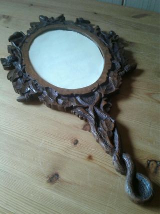 19th Century Black Forest Hand Carved Wood Oak Design Hand Mirror