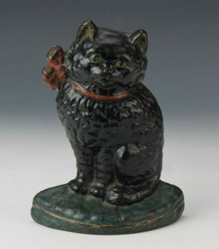 Antique Cast Iron Seated Black Pussy Cat With Red Bow 8 " Doorstop Statue Nr Rlc