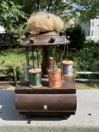 Antique Wood Sewing Thread Spool Holder & Pin Cushion With One Drawer