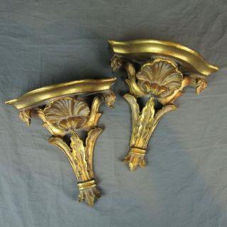 Hanging Wall Shelf Sconces Set Of 2 Gold Color Wood Made In Italy Vintage
