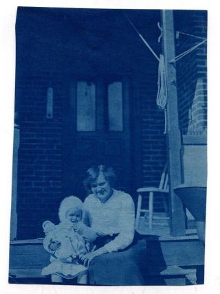 Vintage Cyanotype Photo Mother And Child On Back Porch