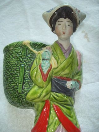 Antique Japanese Banko Ware Wall Pocket Lady w/ Basket Japan Majolica Like Glaze 5