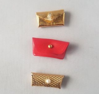 Vintage Barbie Accessories Clutch Purses 3 Gold White Pearl Button & Red Snap