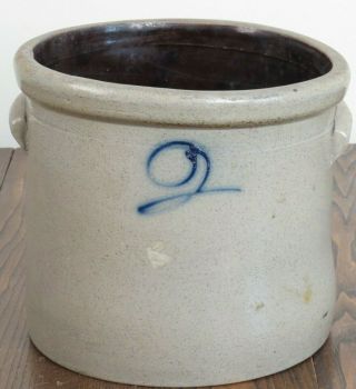 Antique Stoneware Crock 2 Gallon Cobalt Blue Decoration Salt Glazed Ears Handles