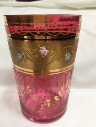 Antique Victorian Cranberry Moser Tumbler With Gold Gild & Enamel Flowers,  4 1/4 "