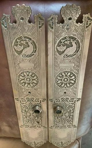 Very Special Large Ornate Heavy Brass Door Finger Plates With Peacock Decoration