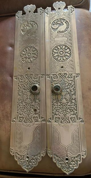 Very Special Large Ornate Heavy Brass Door Finger Plates With Peacock Decoration 7