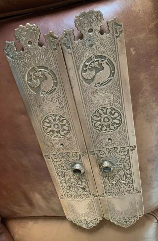 Very Special Large Ornate Heavy Brass Door Finger Plates With Peacock Decoration 8