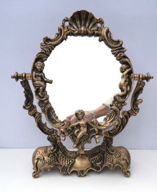Vintage Table Top Vanity Swivel Mirror Cherubs Hong Kong 39cm Antique Gold