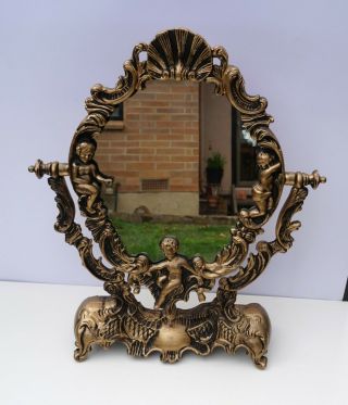 Vintage Table Top Vanity Swivel Mirror Cherubs Hong Kong 39cm Antique Gold 2