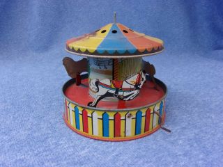Small Antique Tin Litho Merry Go Round W/music & Horses Made In The Usa Wind