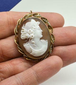 $1,  499 Antique 10k Y.  Gold Victorian Lady Shell Cameo Seed Pearl Brooch Pin 9g
