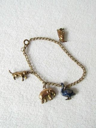 Lovely Antique Rolled Gold Charm Bracelet With 4 Charms Elephant,  Penguin Etc.