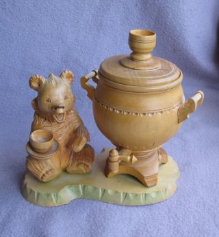 Carved Wood Russian Bear Honey Pot Candlestick Black Forest Style