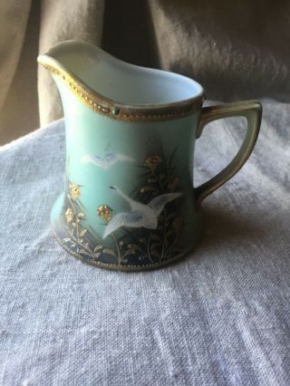 Rare Antique Nippon Creamer Flying Swan Geese Jeweled Moriage Tea Set Vase 1910