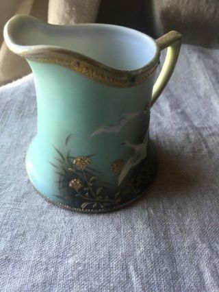 Rare Antique Nippon Creamer Flying Swan Geese Jeweled Moriage Tea Set Vase 1910 2