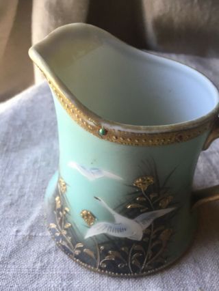 Rare Antique Nippon Creamer Flying Swan Geese Jeweled Moriage Tea Set Vase 1910 6