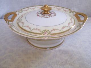 Antique Theodore Haviland Limoges Pink Rose Swags Round Lidded Vegetable Bowl