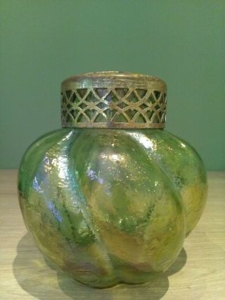 Antique Art Nouveau Iridescent Green Glass Vase