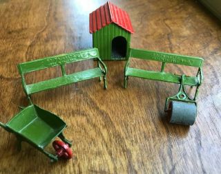 5 Vintage Antique Metal Cast Iron Miniature Farm Yard Wheel Barrel Roller Bench,