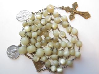 1930s Long Large Antique Yellowish Mother Of Pearl Beads Rosary In Brass - 24 "