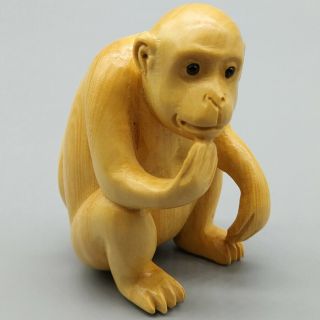 Hand Carved Japanese Boxwood Netsuke a Wise Monkey Handy Wood Carving Figurine 2