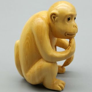 Hand Carved Japanese Boxwood Netsuke a Wise Monkey Handy Wood Carving Figurine 3