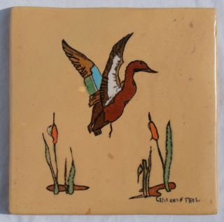 San Jose Mission Pottery Tile Cinnamon Teal Colorful Duck & Cattails 8 " X 8 " Nr