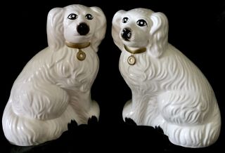 Antique White Staffordshire Style Mantel Ceramic Dogs W/ Gold Collars