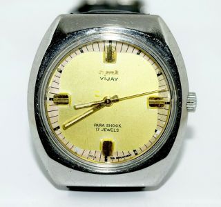 Vintage Hmt Vijay Mechanical Hand Winding Golden Dial 17 Jewels Wrist Watches