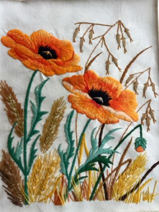 Vintage Stunning Hand Embroidered Crewel Work Poppy Floral Panel