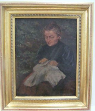 Quality Antique Oil Portrait Of A French Lady Sewing From The Late 19th Century