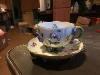 Antique 19th Century Meissen Porcelain Cup & Saucer Bugs Applied Floral 