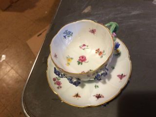Antique 19th Century Meissen Porcelain Cup & Saucer Bugs Applied Floral ' s 3