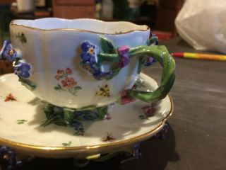 Antique 19th Century Meissen Porcelain Cup & Saucer Bugs Applied Floral ' s 4