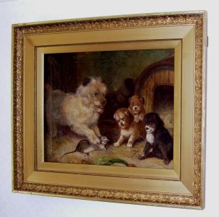 Antique Painting Oil On Canvas Dog With Puppies Ratting In Barn Victorian C1870