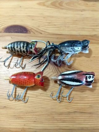 Four Vintage Fred Arbogast Hula Poppers.  Great Colors.