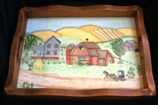Vintage Folk Art Hand Painted Farm Scene Wood Tray Signed Mar Foster