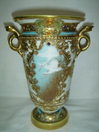 Antique Noritake Nippon Porcelain Vase H/painted Storks & Fine Jewelled Gilding
