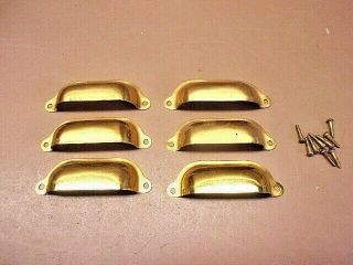 Six (6) Brass Cupboard Door Drawer Cup Pulls Antique Shell Handle W/some Screws