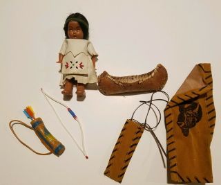 Vtg Plastic Native American Indian Doll Sleepy Eyes Leather Dress Canoe
