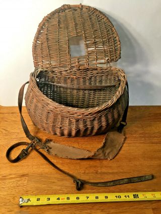 Vintage Antique Fisherman Trout & Fly Fishing Creel Wicker Basket With Leather B