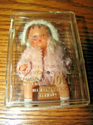 Vintage Shackman Miniature Rubber Baby Doll In Plastic Box Germany