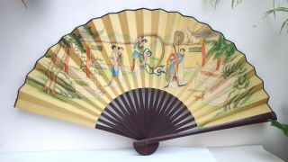 Large 39 " Vintage Chinese Hand Painted Geisha Fan Hanging Wall Display Boxed