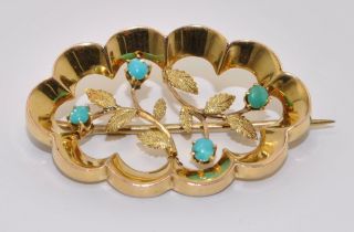 Antique Victorian/edwardian 9carat 9k Yellow Gold And Turquoise Set Brooch