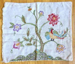 Antique Crewel Embroidery Pillowcase Bird Flowers Jacobean Style Vintage Folk