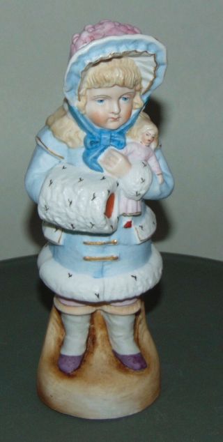 Antique Bisque Figurine Little Girl With Muff & Doll Statue